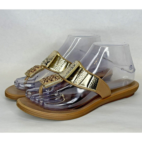 Grendha Womens Thong Sandals Size 7 Brown Gold T-Shirt Flat Flip Flops Jewelled - Picture 1 of 10
